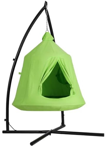 Clevich Hängehöhle mit Gestell,Hängesessel for Indoor & Outdoor,Hänge Spielzelt,Camping Hängezelt,Hängematte mit aufblasbarem Kissen,Hängezelt int LED-Leuchten,150kg Kapazität,Deckenschaukel (Grün)