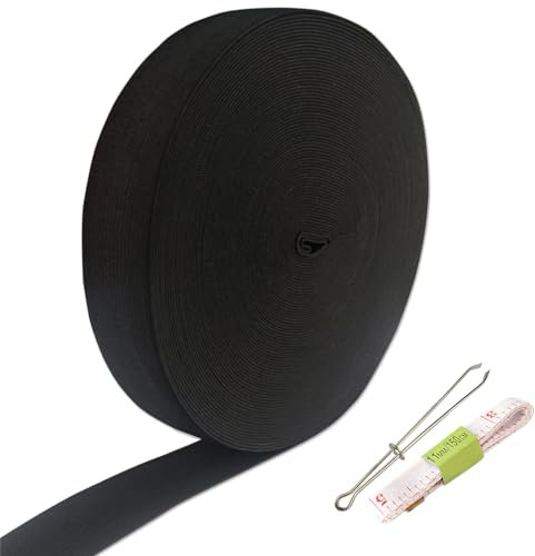 HXJDAM 20 Meter Gummiband 25mm Breit Schwarz, 65.6 Zoll Hosengummi 2.5cm, Gummiband Nähen, Elastisches Gummilitze für Heimtexilien Nähzubehör Mit Einem Clip und Maßband