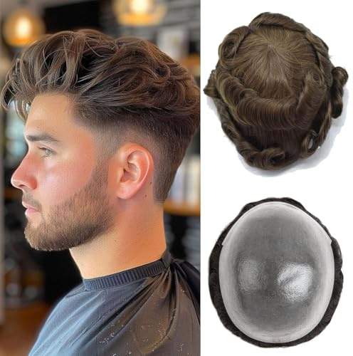 Toupee For Men 0.1mm Poly Skin Human Hair System For Men Men'S Toupee V-Loop Knots Durable Pu Toupee Human Hair Mens Wig Base Size 8X10 Inch 120% Density （#4）