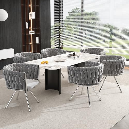 Merax Drehstuhl 6er Set, Moderne Armlehnstuhl aus Samt, Esszimmerstuhl Drehbar mit Metallbeinen, für Esszimmer, Wohnzimmer, Schlafzimmer, Grau und Silber
