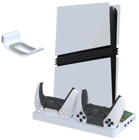 Kühlstation für PS5 Pro/PS5 Slim Disc/Digital Edition, Dual-Controller-Dockingstation mit Controller-Halter, Controller-Ladegerät, Konsolenkühlung, Headset-Halter (Weiß)