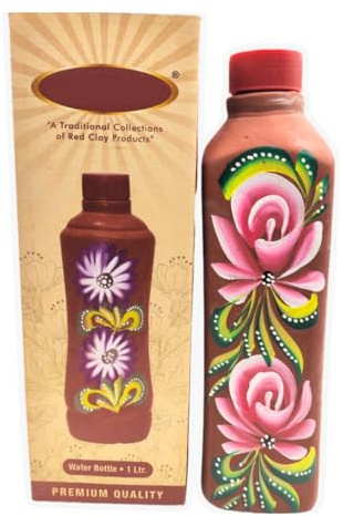 Seven Chakra Tree Bouteille d'eau en terre cuite rouge avec couvercle, fabriquée à la main, anti-fuite, naturellement rafraîchissante, à imprimé de fleurs, bouteille écologique pour eau potable (1000