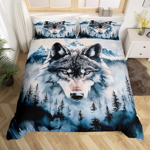 Homewish Wolf Bettwäsche Abstrakte Schwarze Kiefer Nebel Berge Wölfe Bettbezug 155x220 für Kinder Jungen Mädchen Teenager,Ästhetisch Wildtiere Bettwäscheset Modern Stilvoll Tierliebhaber Raumdekor