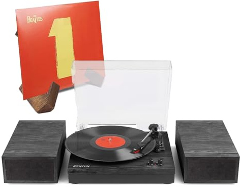 Fenton Bluetooth Turntable Record Player with Speakers and Retro Wooden Vinyl Holder Set, 33/45/78 RPM, Automatic Stop, Stylish Black/Grey Finish Home Audio System