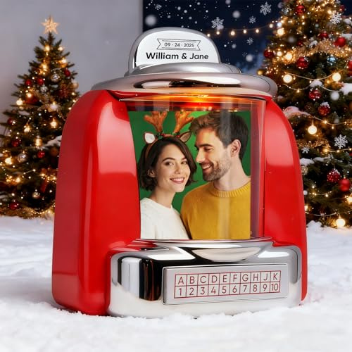 Personalisierte Retro Jukebox Musikbox mit eigenem Foto & Lied, Vintage Mini Jukebox Paare Freundin Mutter Kreatives Foto Geschenk für Weihnachten Valentinstag Muttertag