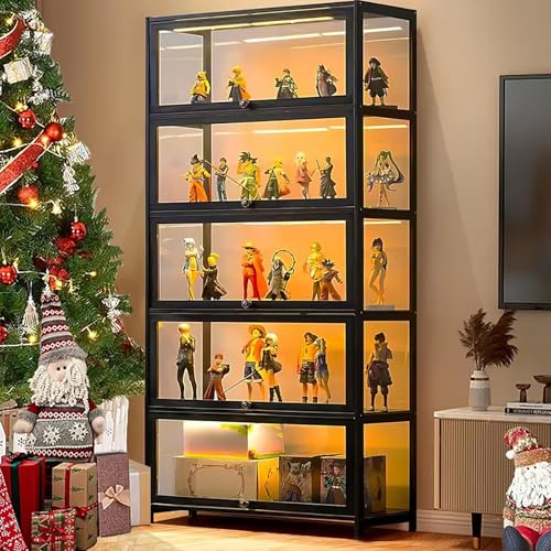 Scribora Vetrina anta vetro acrilico, vetrina 5 ripiani, organizer giocattoli collezione, libreria camera da letto, angolo lettura, bambini, bambù (Porta pieghevole nera|)