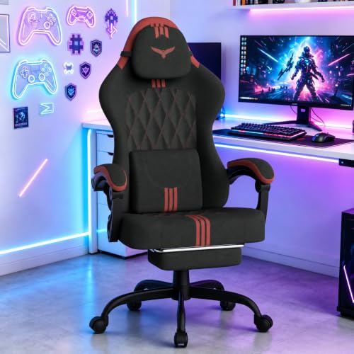 Verdego Chaise Gaming Ergonomique, Fauteuil Gaming avec Coussin Lombaire Massant, Repose-Pieds Rétractable, Accoudoirs Réglables, Velours, Chaise Gamer Dossier Inclinable 145°, Noir et Rouge