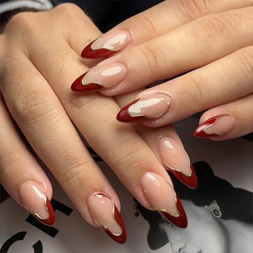Floruvia 24Pcs Red French Tip Press On Nails For Women, Short Almond Fake Nails With Gold Line Design, 12 Sizes Acrylic Glue On Nails For Manicure Party And Daily Wear