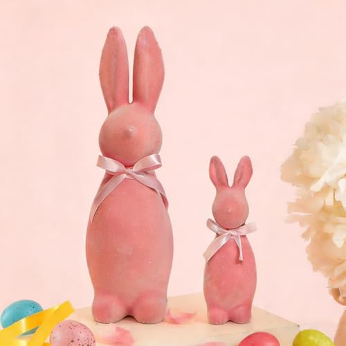 WRQIOO Osterhase Deko, 2 Stück Deko Osterhasen Gross, Osterhasen Figuren Filz mit Schleife für Osterfrühling Home Room Party Dekoration(Rosa)