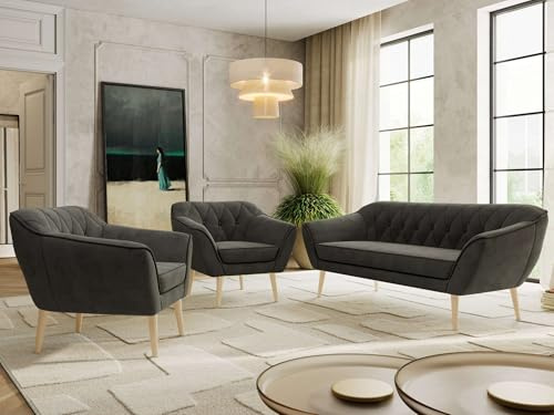 MKS MEBLE Sofagarnitur PIRS 3 + 1 + 1 - Couchgarnitur im skandinavischen Design, Gesteppte Polsterung, Wellenfederung, Wohnzimmer Sofa Set - Buche Beine, Dunkelgrau Velvet