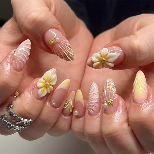 30PCS French Tip Press on Nails, 3D Flower Pearl Starfish Short Almond Fake Nails, Translucent Ocean Wave Summer False Nails, Reusable Full Cover Acrylic Nails for Women