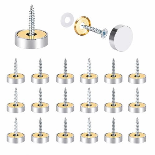 FortWeal Mirror Screws with Chrome Caps, 30mm 20pcs, Brushed 304 Stainless Steel Decorative Nails with Brass Washers, Shower Hardware Fasteners for Sign Advertising Display Boards and Wall Panels