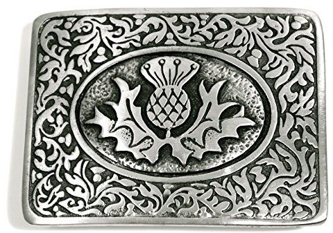 Kilts Wi Hae Gürtelschnalle aus gebürstetem Zinn, keltische Distel mit Blättern