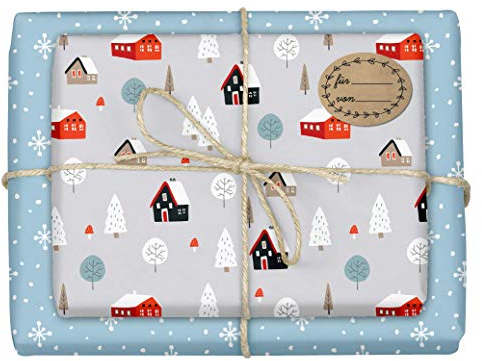 dabelino® Geschenkpapier Weihnachten/Winter-Landschaft : 4x Bögen + 4 Geschenkaufkleber (Weihnachtsgeschenkpapier, modern, skandinavisch, nachhaltig, Recyclingpapier)