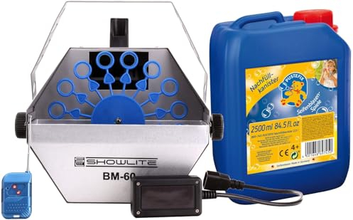 Showlite BM-60 Seifenblasen Set inkl. Seifenblasenfluid (kompakte Seifenblasen Maschine mit Funk-Fernbedienung und 2,5-Liter Seifenblasenfluid auf Wasserbasis)