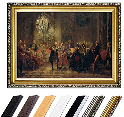 Bild mit Rahmen - Adolph von Menzel Flötenkonzert Friedrichs des Großen in Sanssouci 90x70 cm - Gerahmtes Leinwandbild Alte Meister - Antiker Rahmen Gold Barock, Klassisch