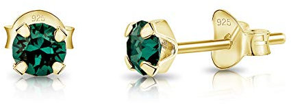 DTPsilver - * MINI * Boucles d'oreilles/Clous en Argent Fin 925 Plaqué Or Jaune et Cristaux de Swarovski® Elements Ronds - Diamètre: 4 mm - Couleur: Emeraude