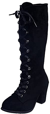 Stivali da Donna, Scarpe Stivali Donna Moda Casual Vintage Retro Mid-Calf Stringate Tacchi Spessi Scarpe (40,Nero)