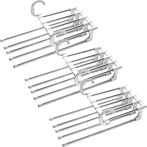 3 Stück Hosenbügel Platzsparend,Kleiderbügel Hosen aus Edelstahl, Magic Hanger, Ausziehbar und Faltbare Multi Bugel, Schrank kleiderbügelhalter Organizer,für Hosen/Schal/Krawatte