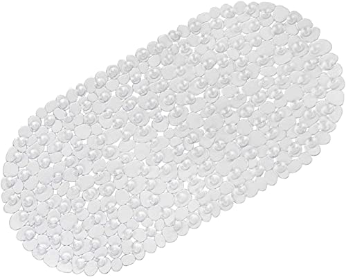 Tapis de Bain antidérapant pour Salle de Bain - Galet givré - Anti-moisissure - Antidérapant - en Plastique - Ovale - avec ventouses (Transparent)