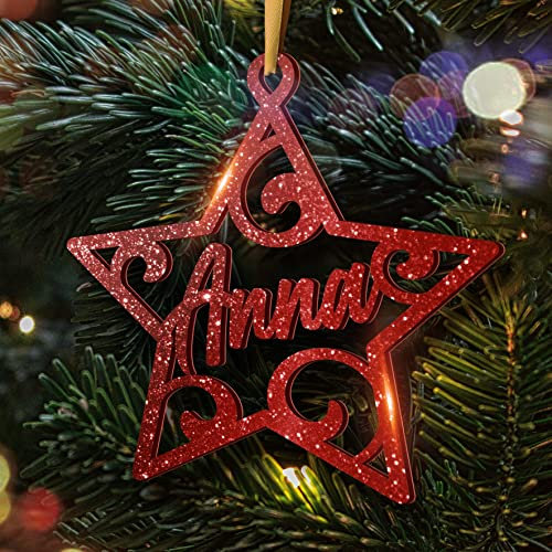 Personalisierte Weihnachtskugel - Lasergeschnittene Weihnachtsornamente mit personalisiertem Namen (Model: Star, Glitter Bordeaux)