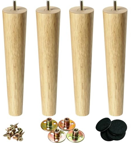 KOIKEY Lot de 4 pieds de table basse en bois de 30 cm, ronds coniques avec boulon de 1,6 m, pieds de rechange pour chaise, armoire, canapé, futon, table basse, couleur bois naturel
