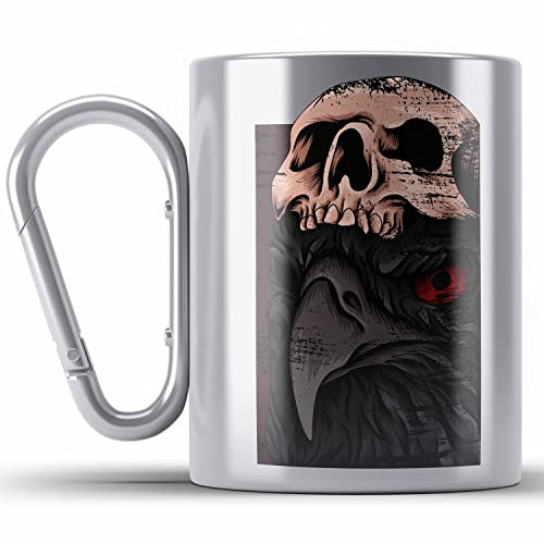 Trendation - Coole Edelstahl Tasse Karabiner Raben Totenkopf Geschenk Death Metal Punk Rock (Silber)