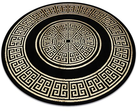 rugsx Runder Teppich Allure 1968 Moderner Teppich mit Griechischem Schlüssel-Muster in Schwarz/Gold - Stilvoll & Glamourös für Wohnzimmer & Schlafzimmer - Kreis 100 cm