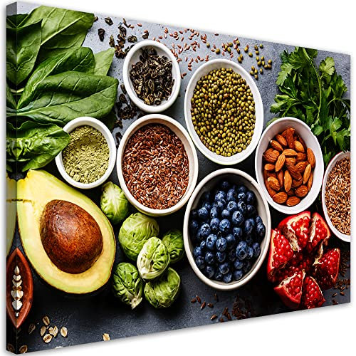 Feeby Bild auf Vlies Leinwand Küche Gemüse Obst 45x30 cm Wandbilder Kunstdruck Modern Design 1tlg Deko Flur Wohnzimmer Paprikas Chili Gewürze mehrfarbig