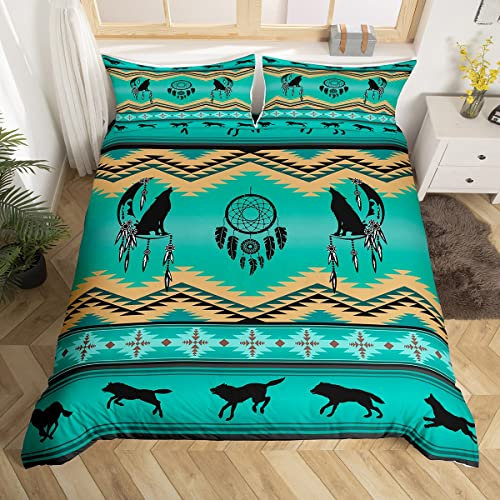 Wolf Bettwäsche Set 135x200 Moon Dream Catcher Komfortbezug, Südwestern Native Ethnic Tribal Arrow Aztec Bettbezug Western Boho Bett Set, Exotische nordische Art Wilde Tiere Böhmische Dekor, Grün