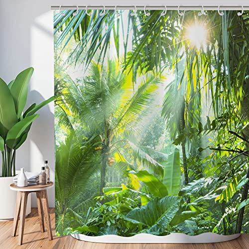 Hnmdmyi Duschvorhang Wald 180x220, Tropischer Dschungel Regenwald Grüne Palmen Baum Pflanze Natur Landschaft Szenerie Badewanne Vorhang Wasserdicht Polyester Stoff Waschbar Badevorhang mit Haken