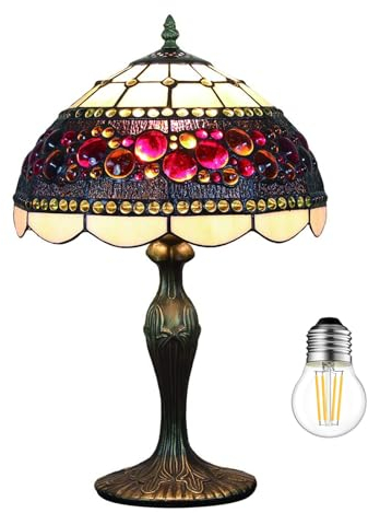 Kinbolas Tischlampe im Tiffany Stil,Vintage Nachttischlampe Schlafzimmer Deko Lampe,Jugendstil Tischleuchte,buntglas lampenschirm 30cm / 12 Zoll,Harz-Basis mit Kabel und E27 LED Birne((D-3))