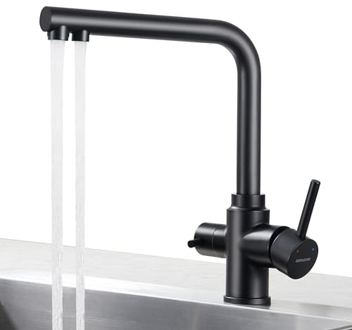BONADE 3 Wege Wasserhahn Schwarz Matt, 360° Drehbar Küchenarmatur Trinkwasserhahn mit 2 Hebel, Mischbatterie Küche für Wasserfilter, 3-in-1 Armatur für Wasserfilter, Spültischarmatur aus Edelstahl