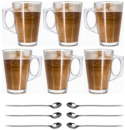 Crystals Set of 6 Latte Glasses, Latte Mugs 240 ml Temperature Resistant - Stylish Latte Cups Hot Drink Cafe Mugs - Ideal for Ice Cream Latte, Espresso, Cappuccino & Hot Chocolate - Transparent