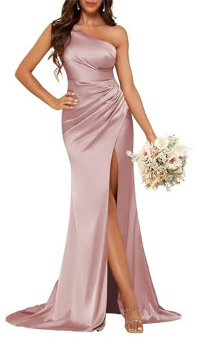 Robes de demoiselle d'honneur en satin asymétrique avec fente longue moulante sirène robes de bal de fin d'année, vieux rose, 42