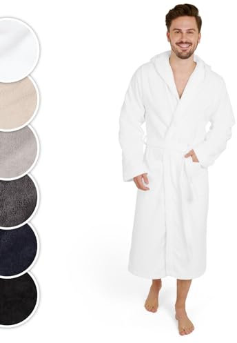 Blumtal Bademantel Herren Baumwolle 100% in L - OEKO-TEX Zert. Morgenmantel Mit Kapuze - Frottee + Velours - Lang Weiß