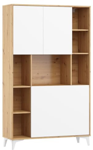 Domando Sekretär Comiso M2 Modern Breite 105cm, ausklappbare Schreibtischplatte, praktische Staufächer, Hochglanz in Artisan Eiche und Weiß Hochglanz