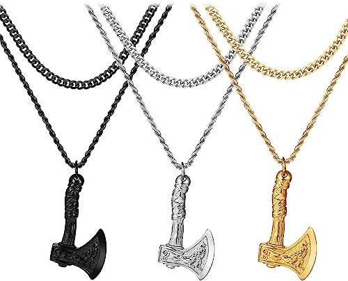 JewelryWe Wikinger Halskette Herren Axt - 3pcs Silber/Gold/Schwarz Edelstahl Viking Nordische Axt Anhänger mit Zweischichtige Kette Mjolnir Halskette für Männer