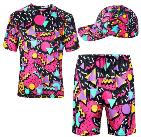 Handepo Conjunto de 2 piezas de los años 80 y 90 para hombre, camisas y pantalones cortos retro con gorra de béisbol, chándal hawaiano de verano para fiesta de discoteca, Moderno, Medium