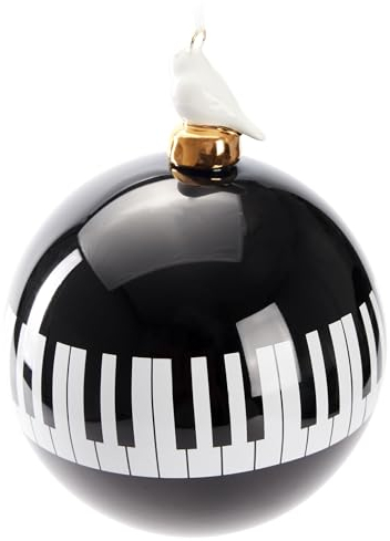 BRUBAKER Pianoforte per palline di Natale di alta qualità, bianco e nero con figura di uccello in porcellana, 10 cm, pallina di vetro per albero di Natale, chiavi di pianoforte per musicisti e