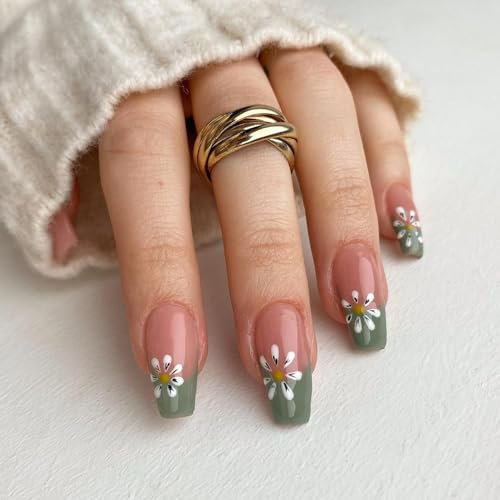 24 Pcs Press On Nails, Green Fake Nails, Acrylic Full Cover False Nails for Women and Girls, Nail Glue Included