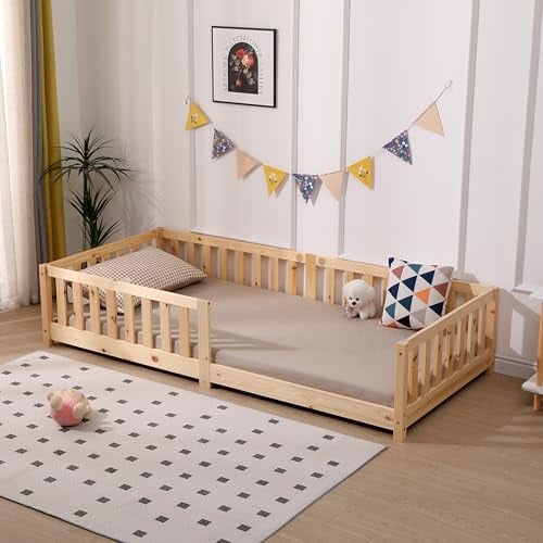 ecomi® Kinderbett 90x200 Bodenbett Kinder Bett mit Rausfallschutz und Lattenrost für Kinder Kinderbetten für Mädchen und Jungen Massivholz Kiefer in Natur