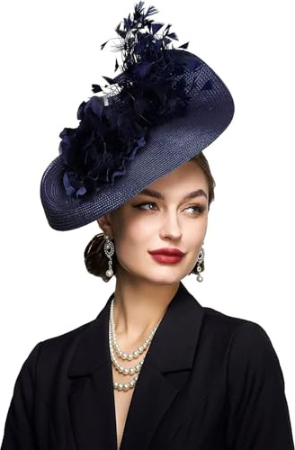 Generic Tocado de plumas para fiesta de té, sombrero de Kentucky, para cóctel, boda, Derby, sombrero de paja, Azul marino 1, Talla única