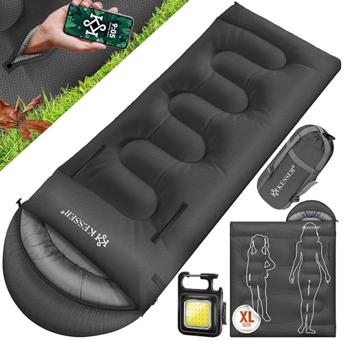 KESSER® Schlafsack Outdoor 175cm x 83cm | Deckenschlafsack 3-4 Jahreszeiten | Camping-Sleeping-Bag für Kinder | Leicht Tragbar Warm & Wasserabweisend inkl. Campinglampe & Seitentasche Anthrazit