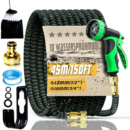 Flexibler gartenschlauch 30/45/60m dehnbarer Wasserschlauch Flexibe Schlauch, mit 10 Modi Wassersprühpistole und 3-lagigem Latexkern für Gartenbewässerung Autowäsche (45m/150FT)