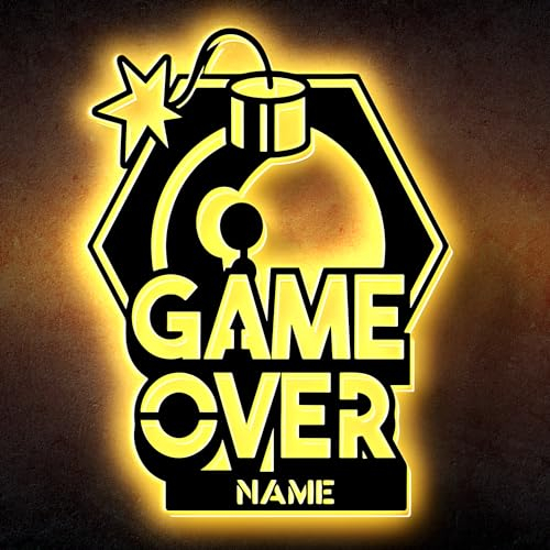 Led Gaming Schild - Game Over Gaming Zone - Gamer Geschenkidee personalisiert Mit Name Wand Lampe - Zimmer Deko - Besondere Geschenke für Videospiel Fans - in 7 Farbe