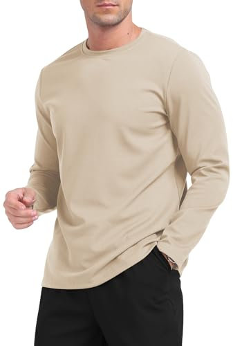 MLANM Men's Round Neck T-Shirt Fashion Simple Comfortable Fabrics Long Sleeve Shirt L Khaki
