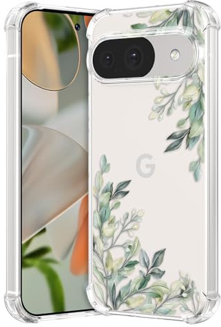RALEAVO Kompatibel mit Google Pixel 9/9 Pro Handyhülle Transparent Blume Hülle Mädchen Muster Stoßfest Hülle mit Schön Motiv für Pixel 9/9 Pro-Blatt