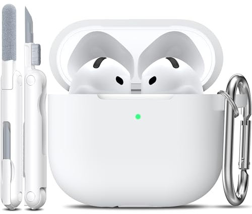 R-fun Kompatibel mit Airpods 4th Hülle mit Reinigungsset, Weiche Silikonhülle mit Schlüsselanhänger, Vollständige Schutzhülle für Männer und Frauen, Kompatibel mit Apple Latest Airpods 4th,Weiß