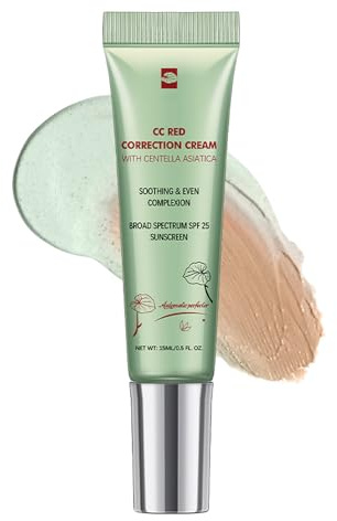CC Red Correct with Centella Asiatica, Lightweight Skin Perfector Tinted Moisturiser, Covering Corrector Invisible Pores Face Concealer, CC Cream Light With SPF 25,15ml (1#Green, One Size)